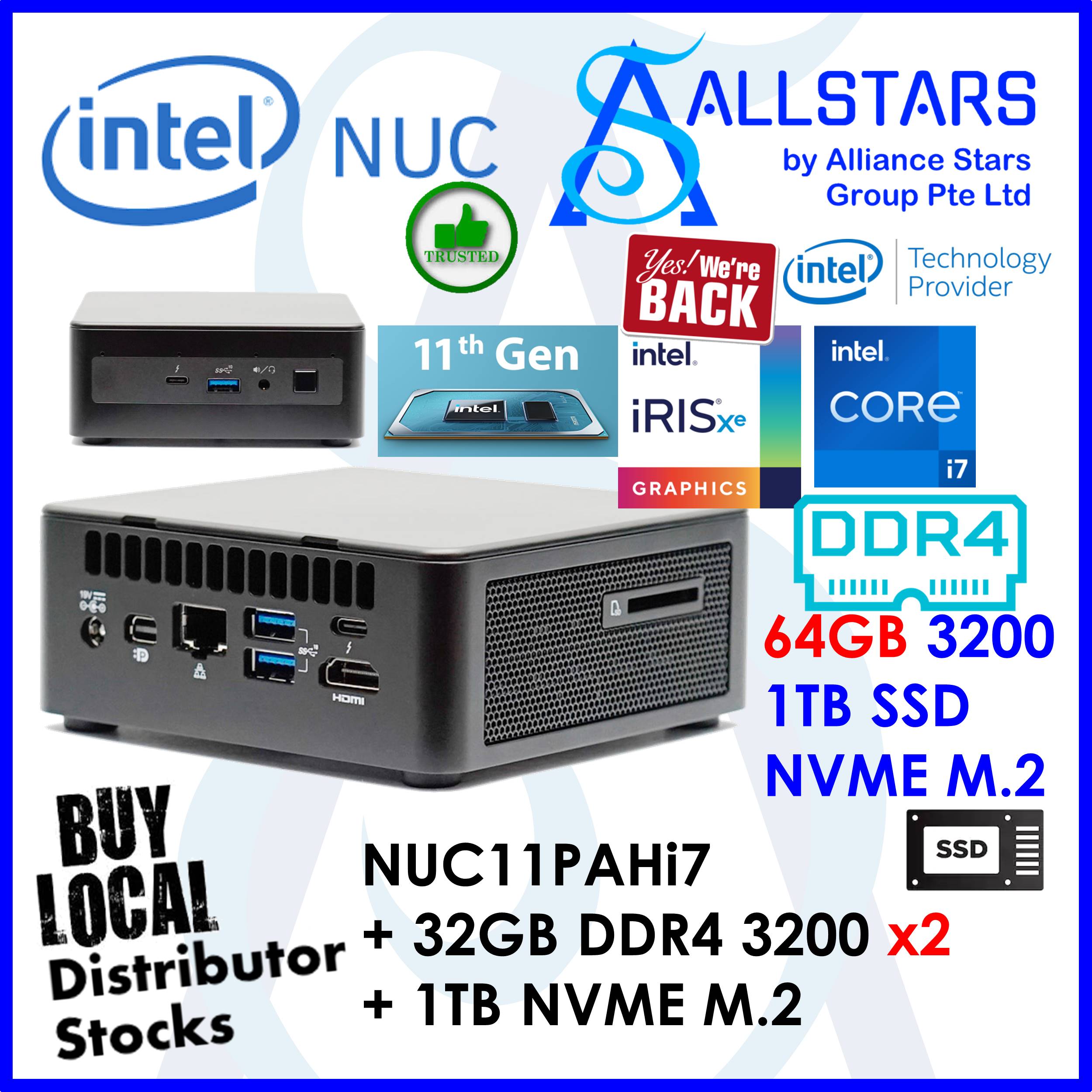 (ALLSTARS : NUC) Intel NUC11PAHi70Z00 + 64GB DDR4 3200MHz + 1TB NVME SSD + Unactivated MS Win10 Complete Mini PC / NUC11PAH / NUC11PAHi7 / Core i7-1165G7 Core 4, Thread 8 / mDP+HDMI+Type-C / TypeC x2+