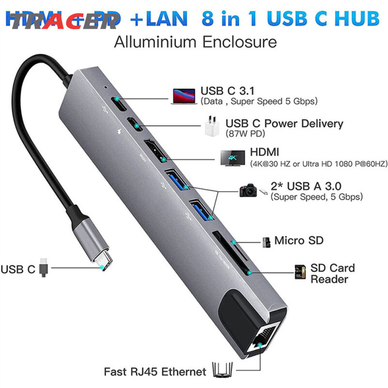 TRACER【Fast delivery】8 In 1 Usb C Hub Type C 3.1 To 4k Hdmi-compatible Adapter With Rj45 Sd/tf Card Reader Pd Fast Charge For Macbook Notebook Laptop Computer