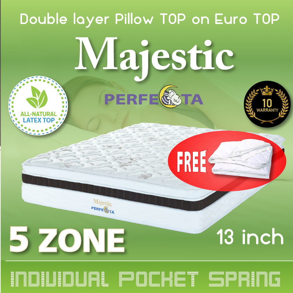 [Bulky] Queen Size - Perfecta Majestic Mattress * Double Layer Pillow TOP on Euro TOP Design * Natural Latex Top * 5 Zone Pocket Spring System